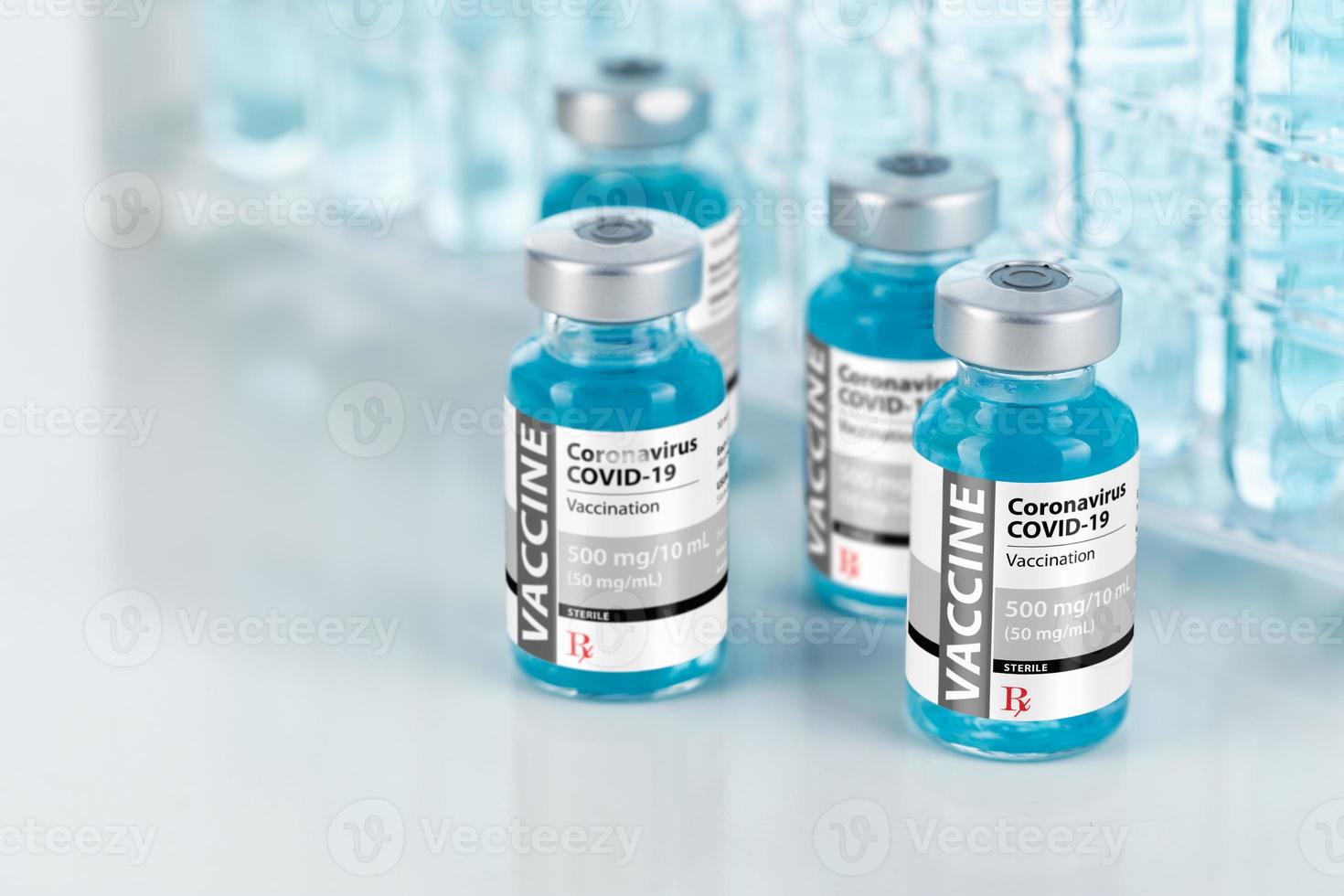 Coronavirus COVID19 Vaccine Vials Near Test Tubes On Reflective