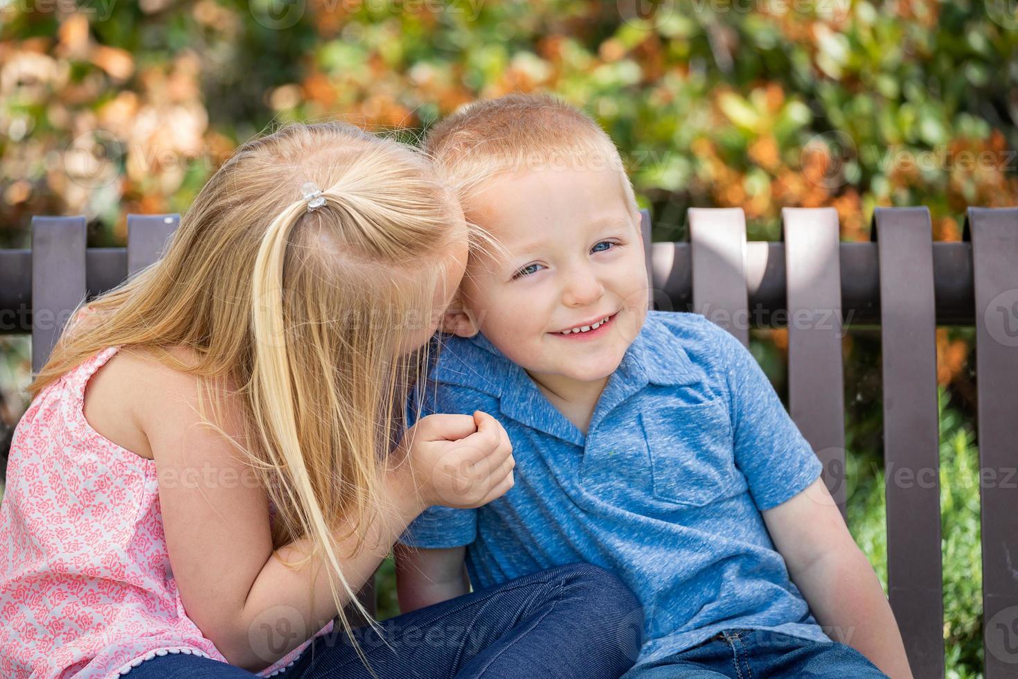 Young Sister and Brother Whispering Secrets On The Bench At The Park photo