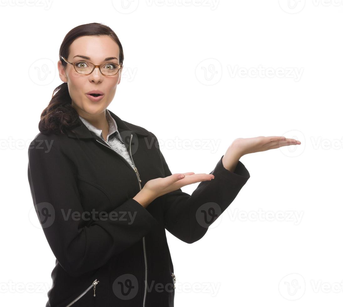 Confident Mixed Race Businesswoman Gesturing with Hand to the Side photo