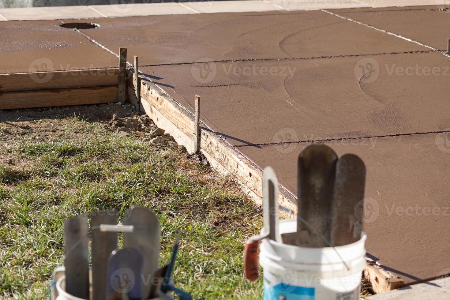 Freshly Poured Deck Cement Curing In Wood Frame photo