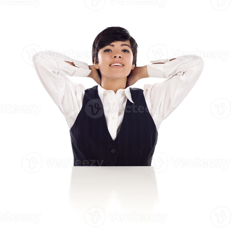 Smiling Mixed Race Young Adult Female Hands Behind Her Head photo