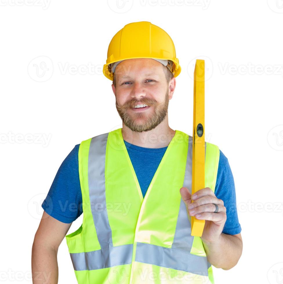 Caucasian Male Contractor With Hard Hat, Level and Safety Vest Isolated photo