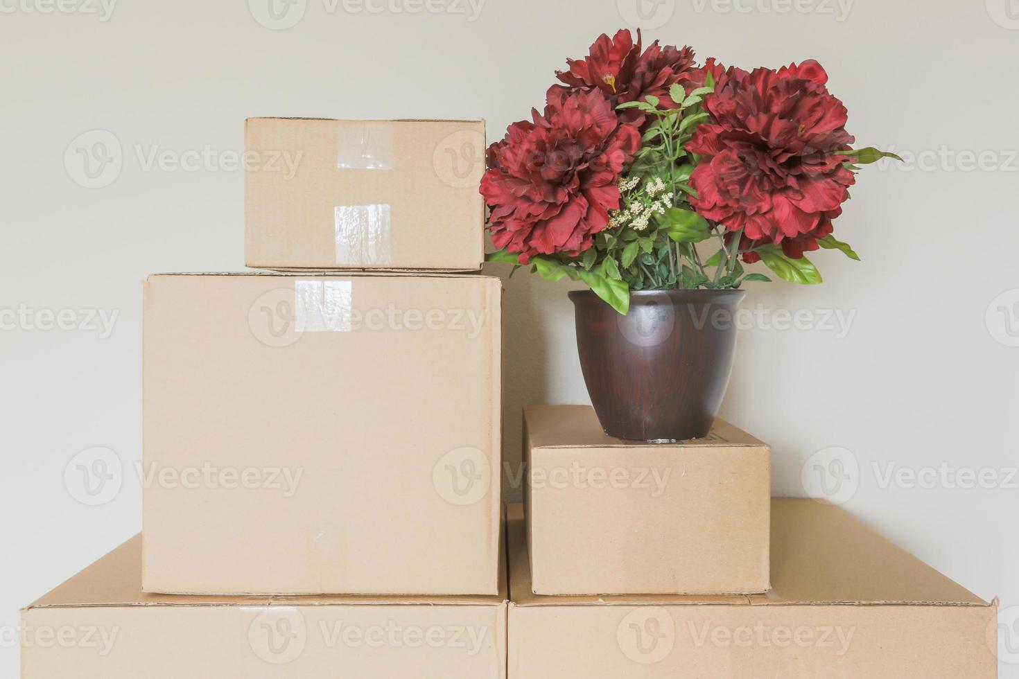 variedad de cajas de mudanza empaquetadas en una habitación vacía foto