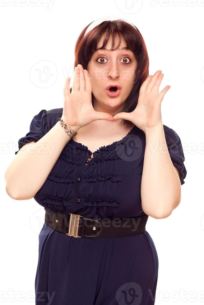 Expressive Young Caucasian Woman with Hands Framing Face photo