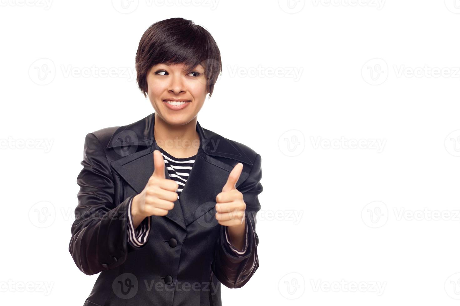 Happy Young Mixed Race Woman With Thumbs Up on White photo