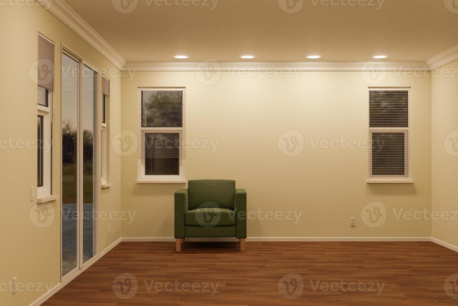 3D Illustration Chair Sitting on the Floor in Empty Room of House with Blank Wall. photo