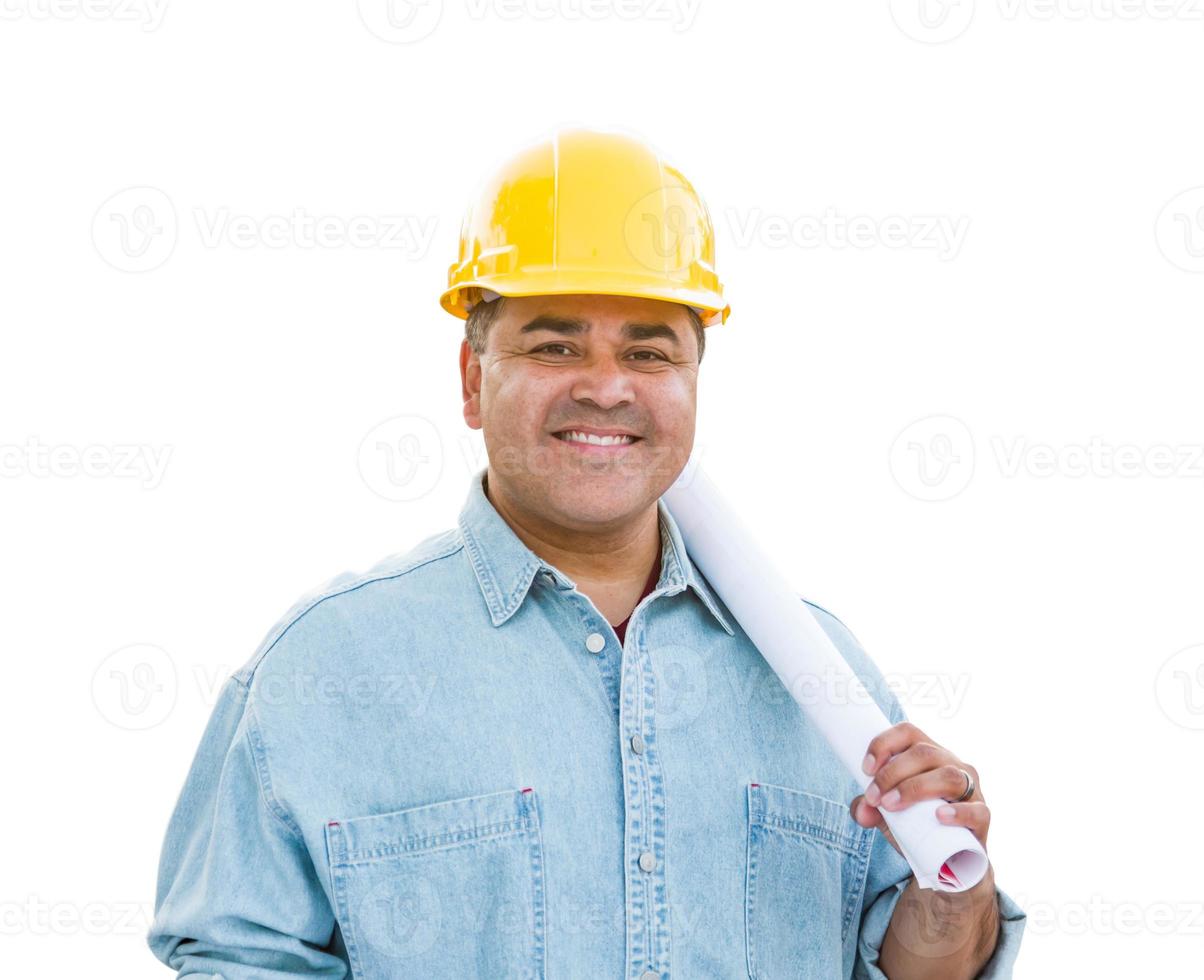 Hispanic Male Contractor In Hard Hat with Blueprint Plans Isolated on a White Background photo