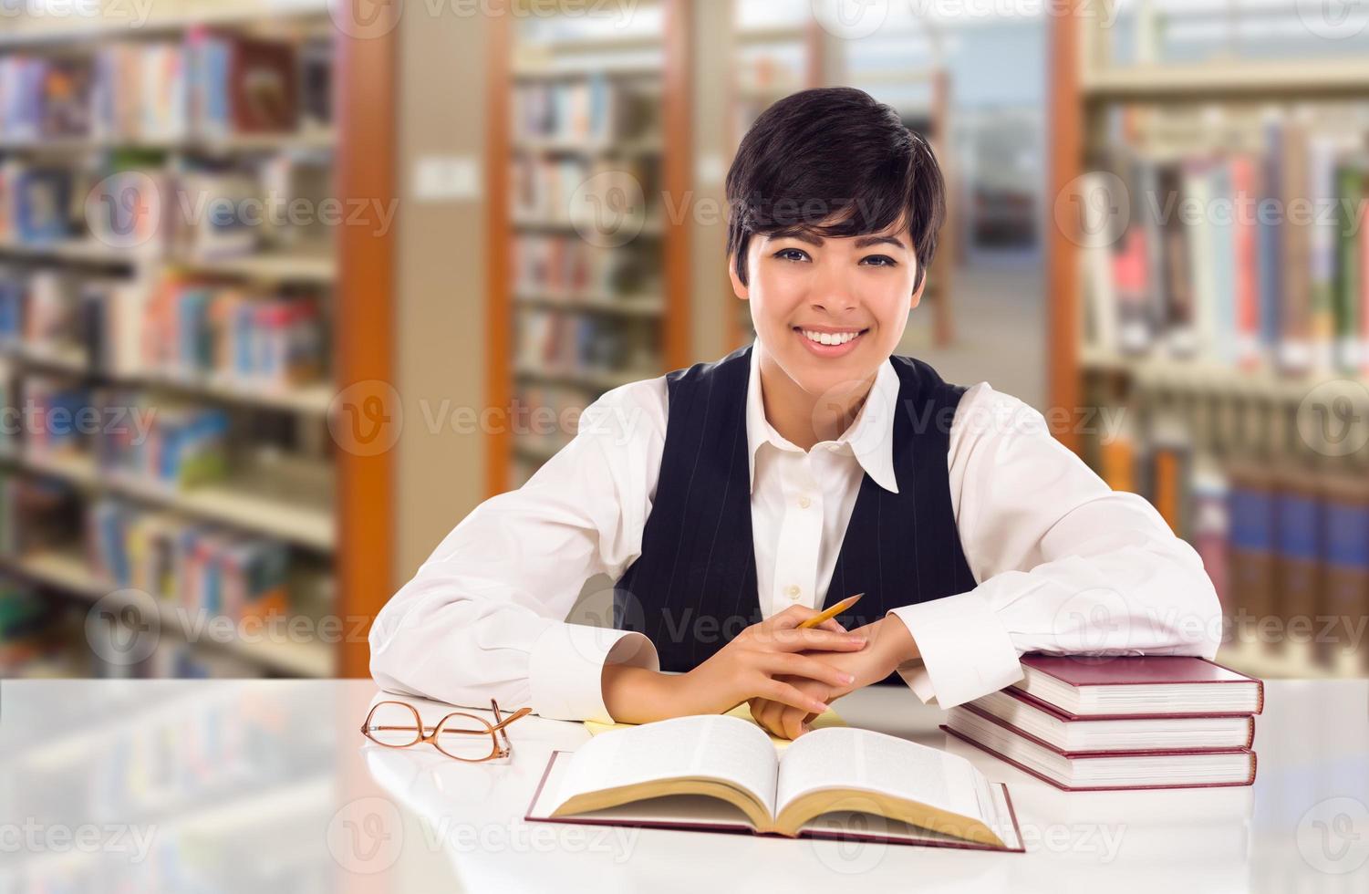 joven estudiante de raza mixta en la biblioteca con libros, papel y lápiz. foto