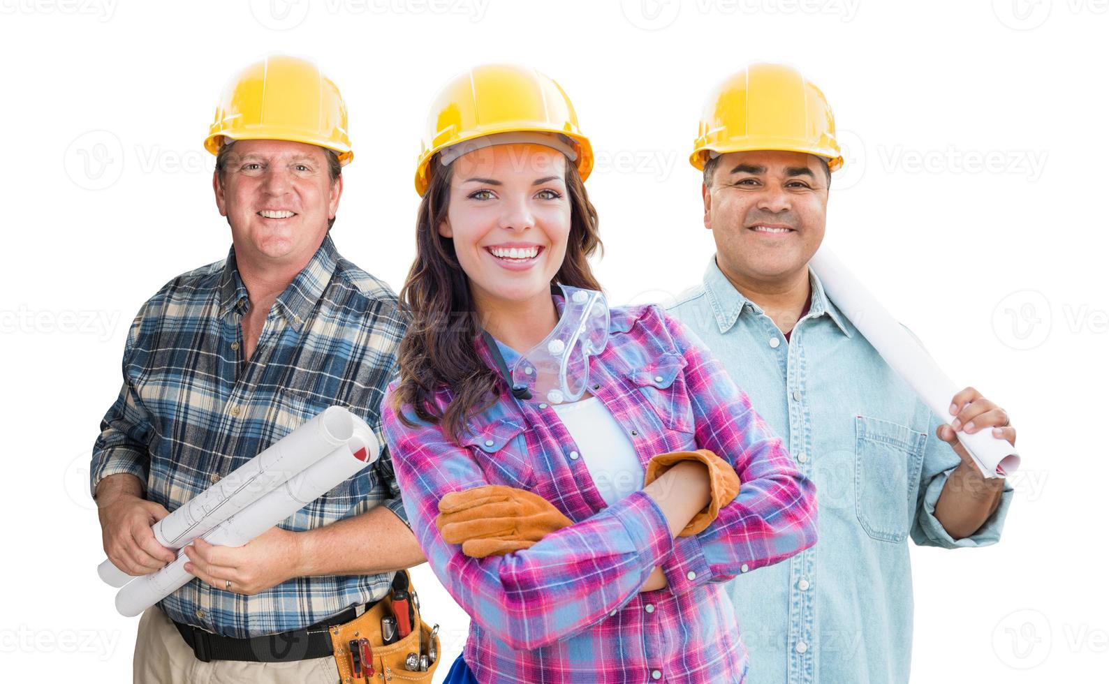 Female and Male Contractors In Hard Hats Isolated on White Background photo