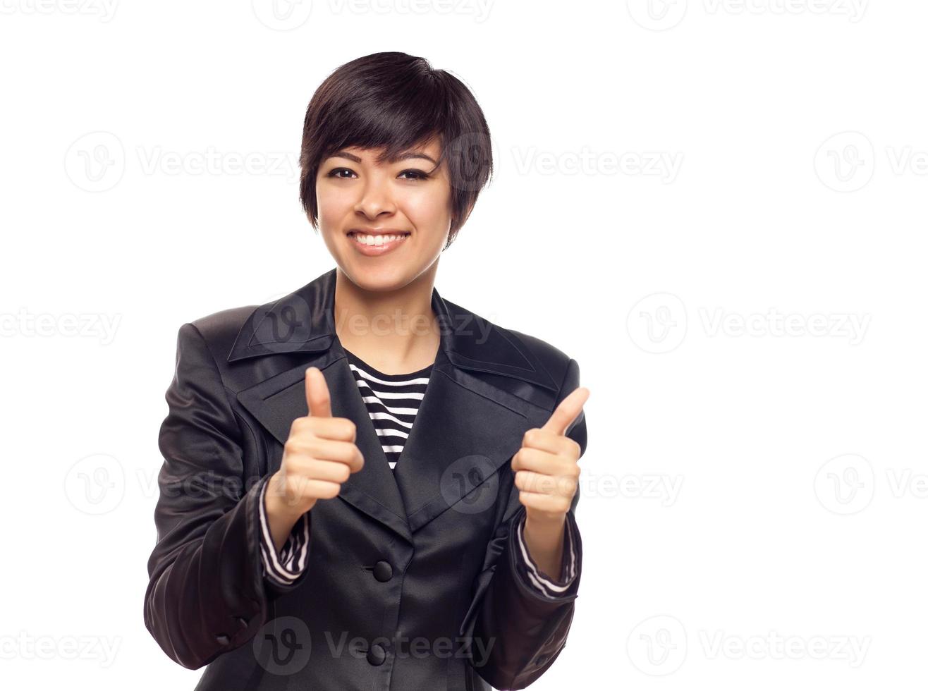 Happy Young Mixed Race Woman With Thumbs Up on White photo