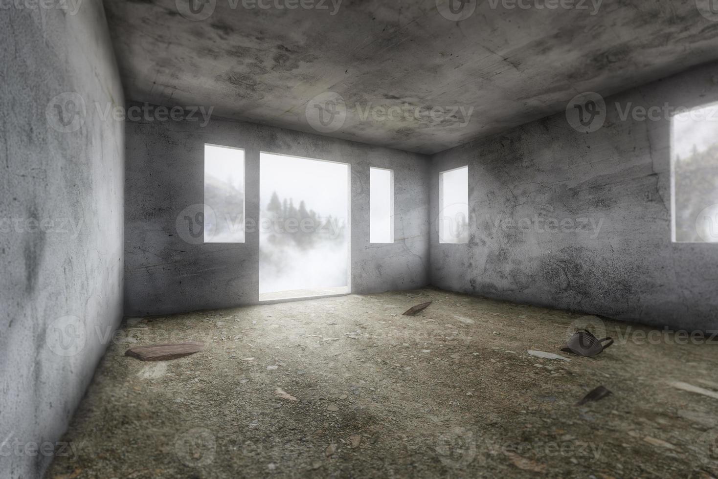 Raw Unfinished Room Of House with Grungy Wall and Dirty Floors. photo