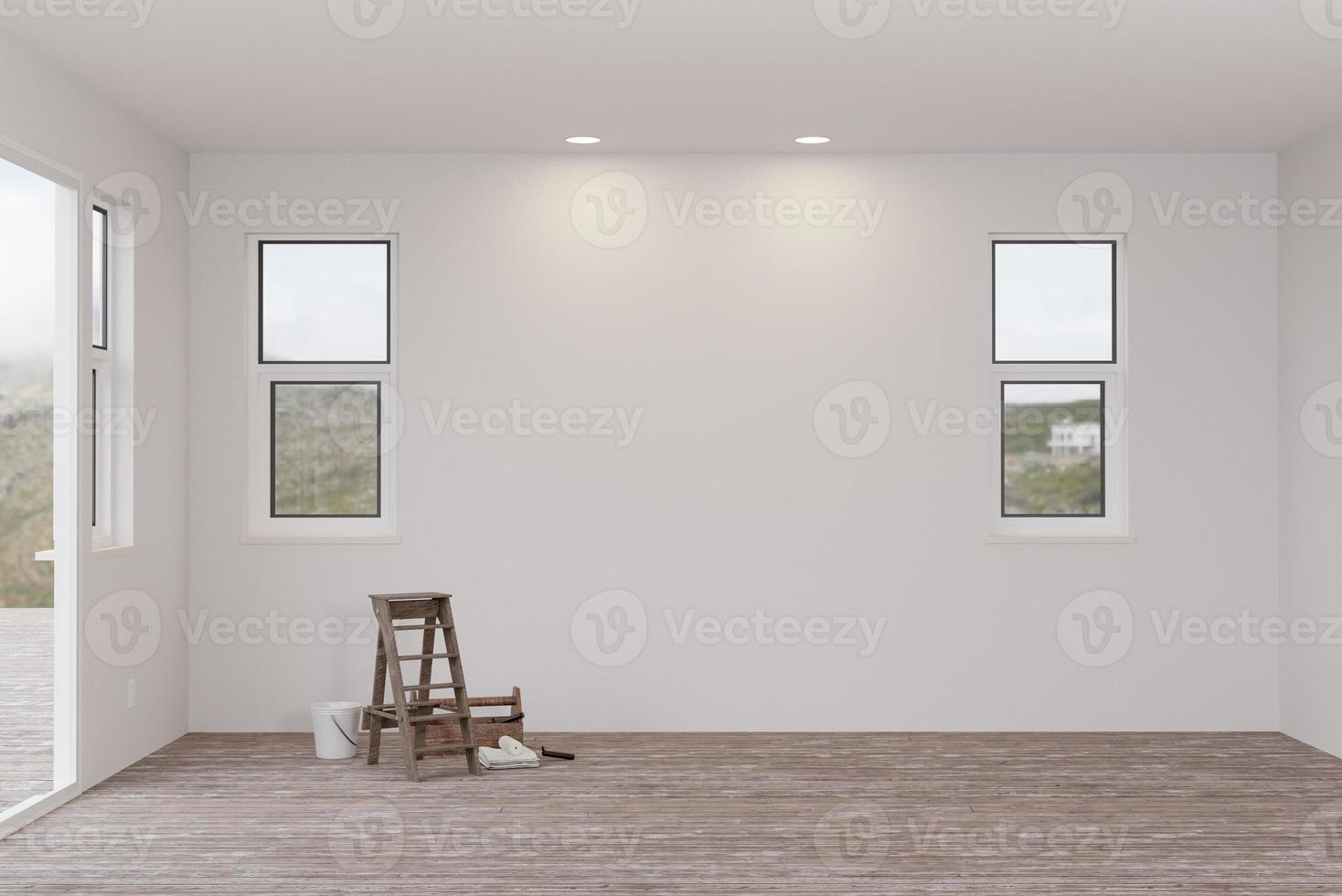 3D Illustration of Ladder and Painting Equipment In Raw Unfinished Room of House with Blank White Walls and Worn Wood Floors. photo