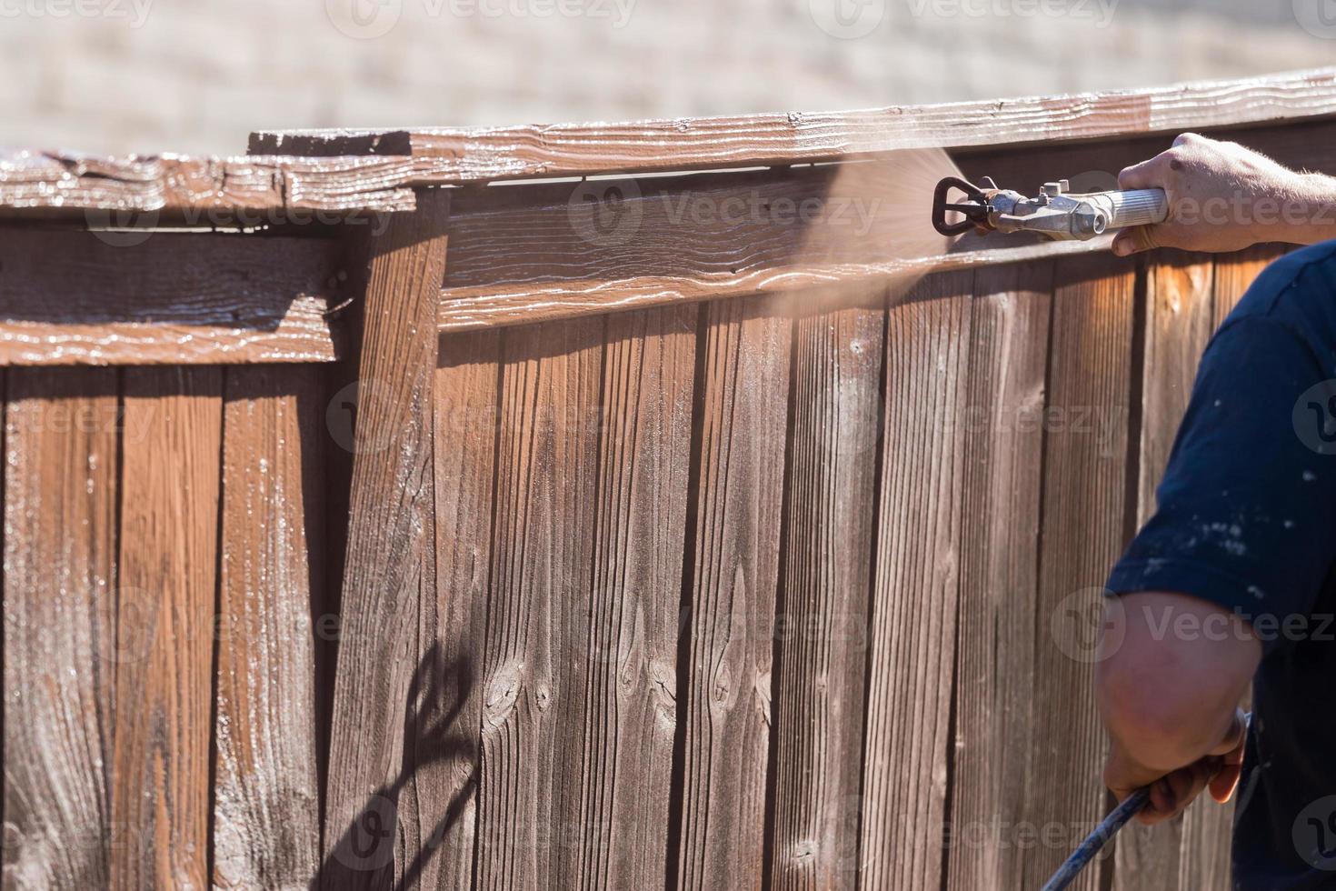 Professional Painter Spraying Yard Fence with Stain photo