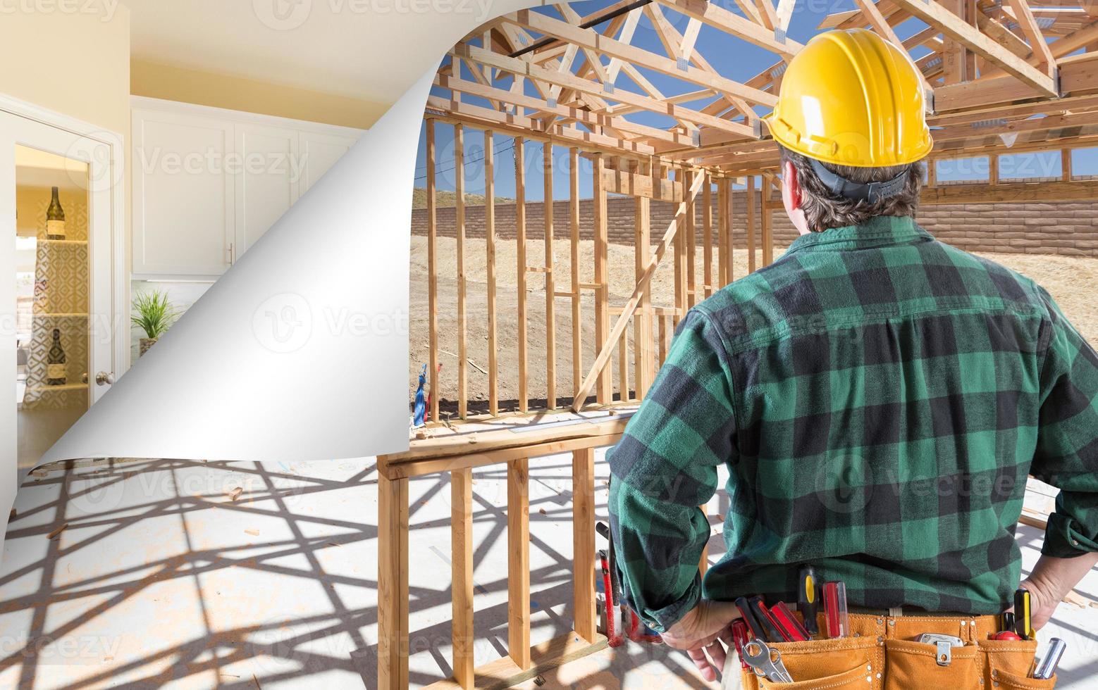 Contractor Facing Construction Framing with Page Corner Flipping to Completed Kitchen photo