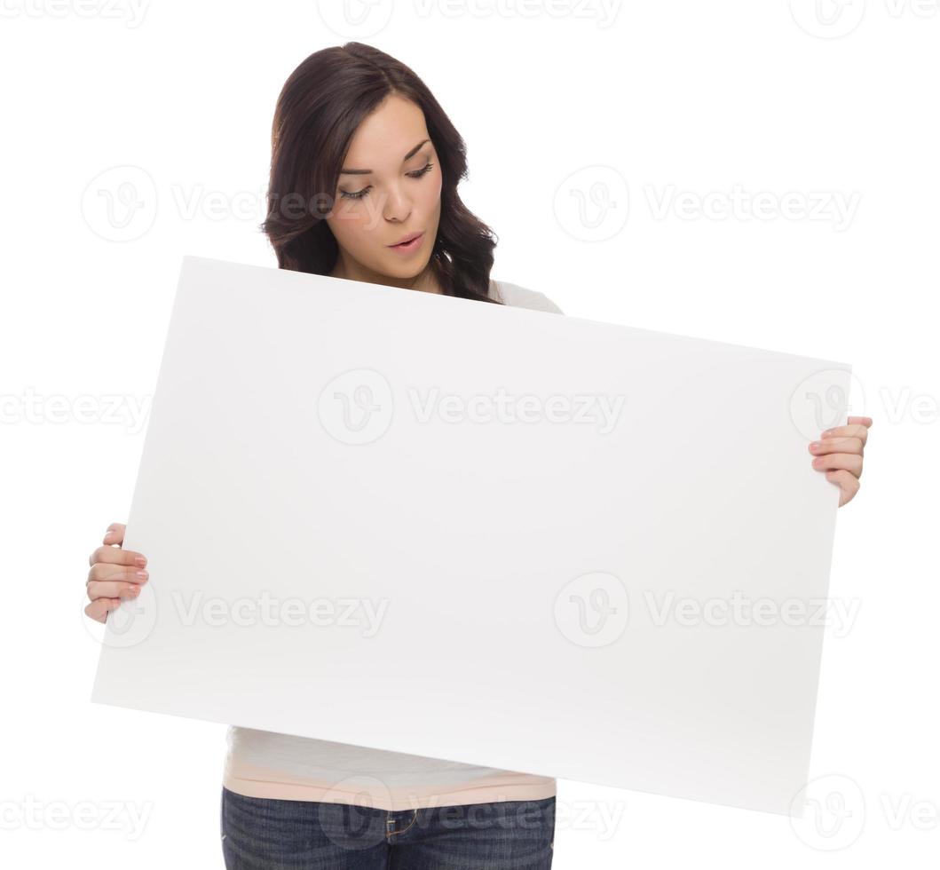 Mixed Race Female Holding Blank Sign on White photo