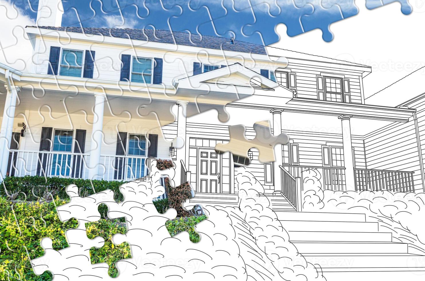 Puzzle Pieces Fitting Together Revealing Finished House Build Over Drawing photo