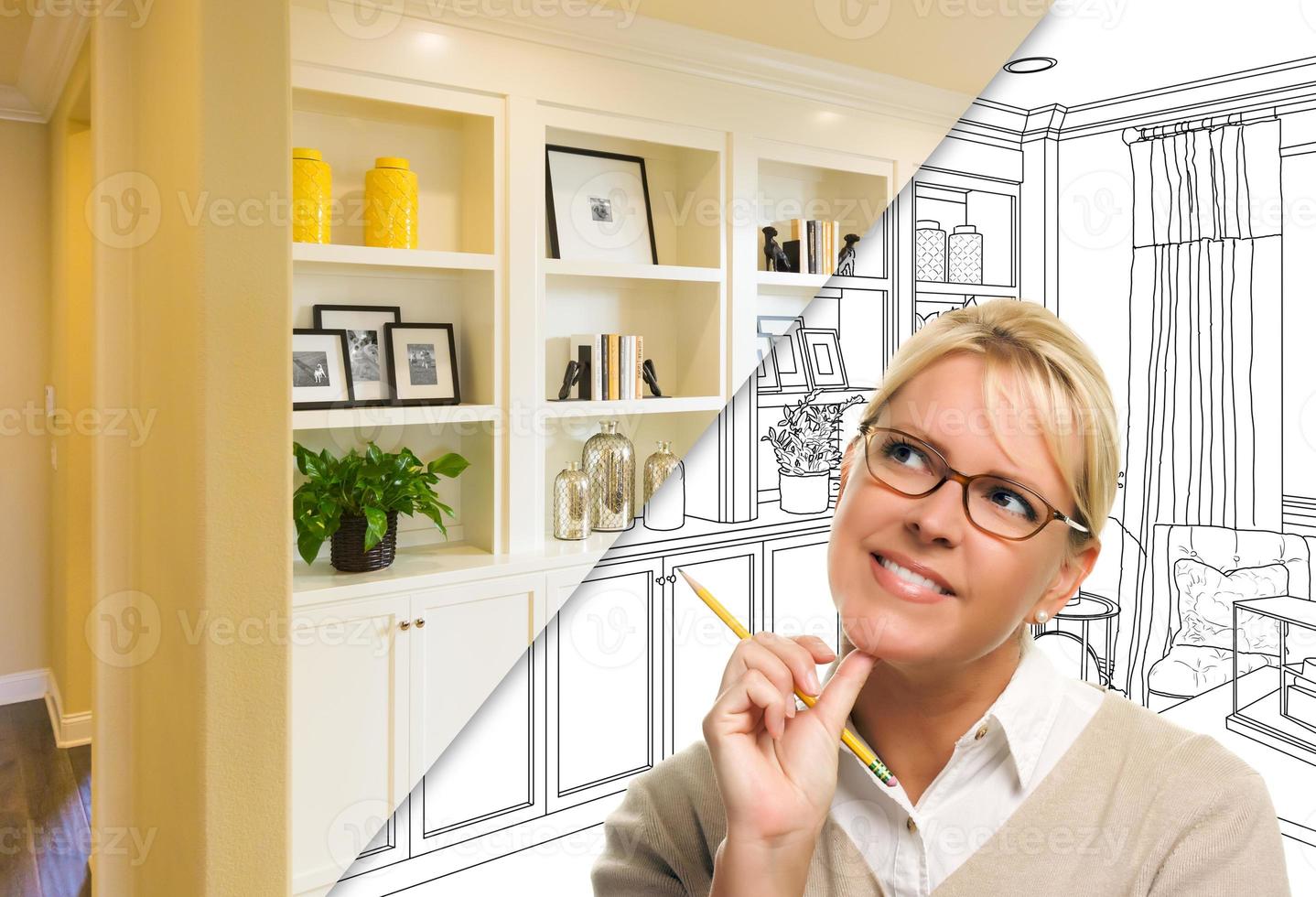 Young Woman Over Custom Built-in Shelves and Cabinets Design Drawing to Cross Section of Finished Photo. photo