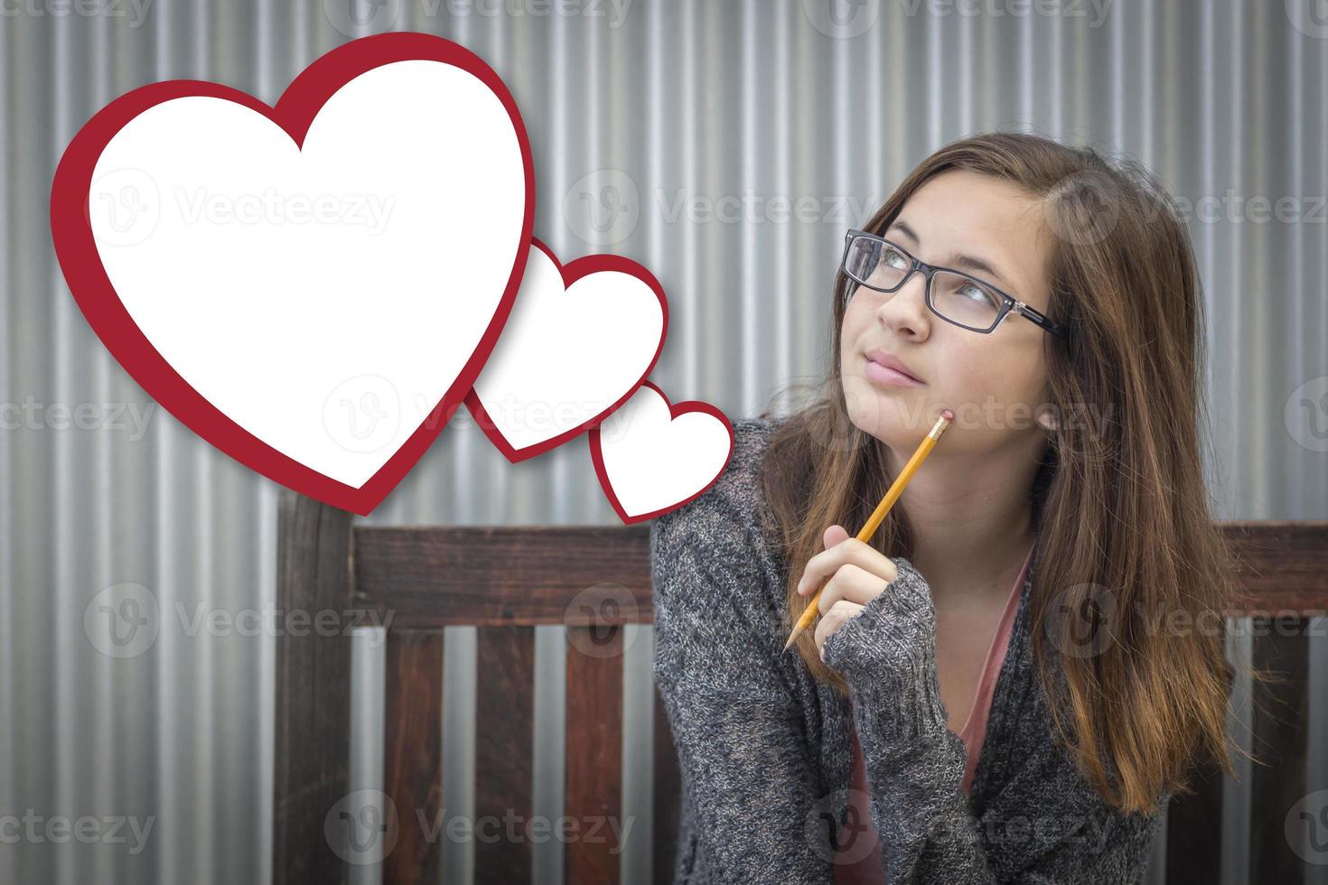 Daydreaming Girl With Blank Floating Hearts - Clipping Path photo