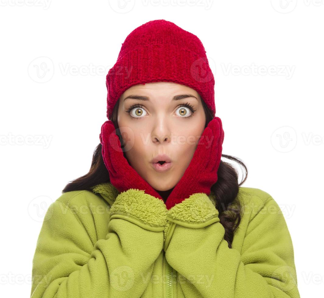 Stunned Mixed Race Woman Wearing Winter Hat and Gloves photo
