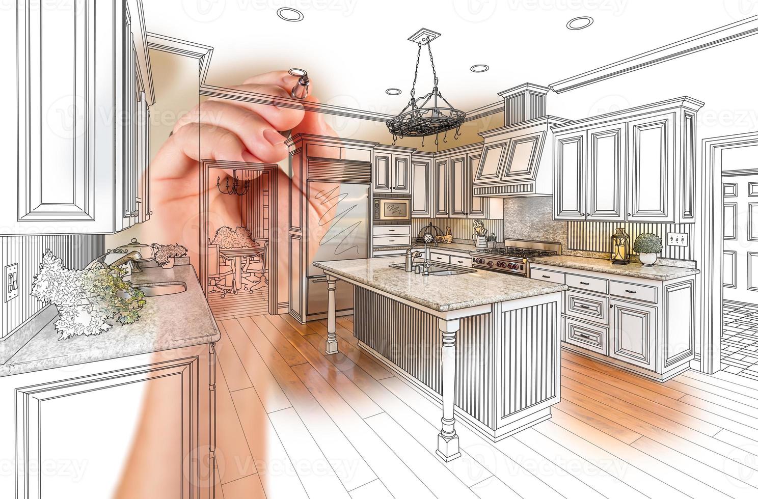 Hand Drawing Custom Kitchen Design With Gradation Revealing Photograph. photo