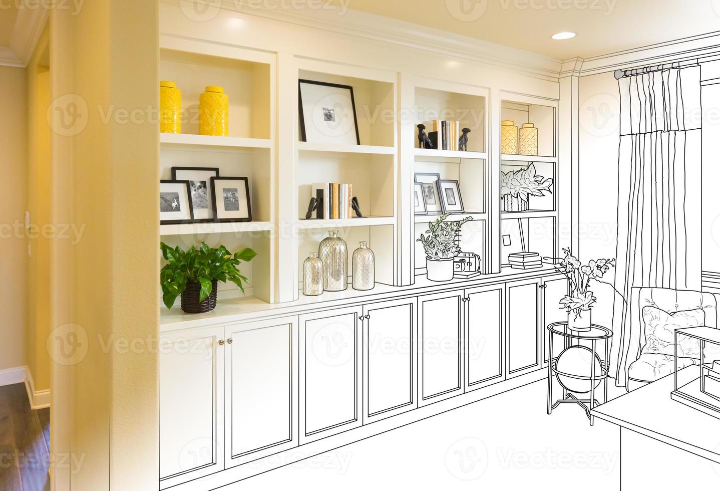 Custom Built-in Shelves and Cabinets Design Drawing Gradating to Finished Photo