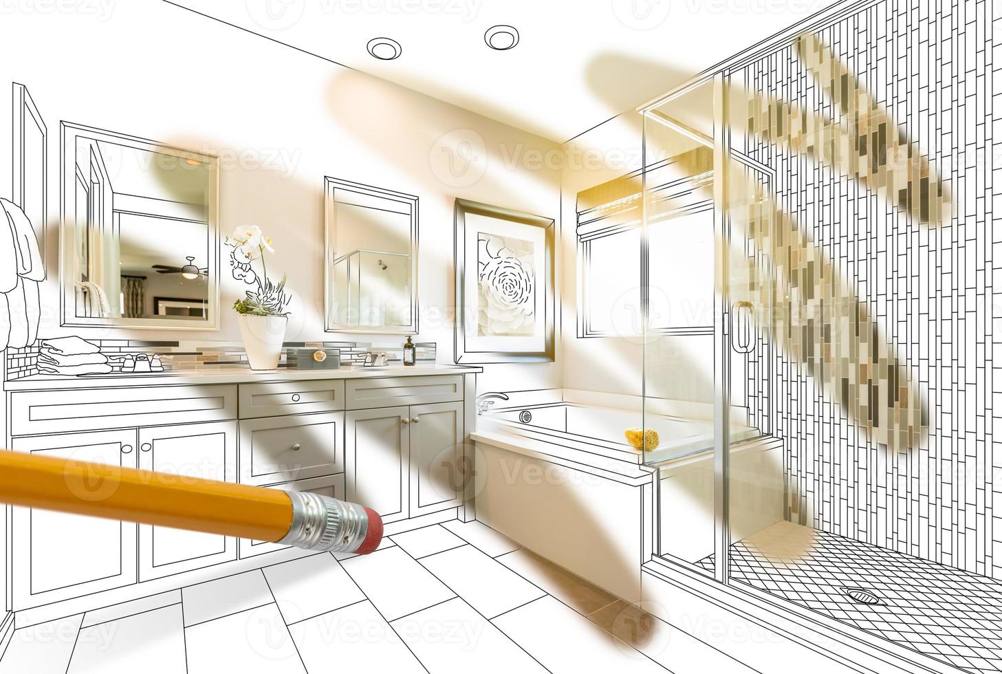 Pencil Erasing Drawing To Reveal Finished Custom Bathroom Design Photograph photo