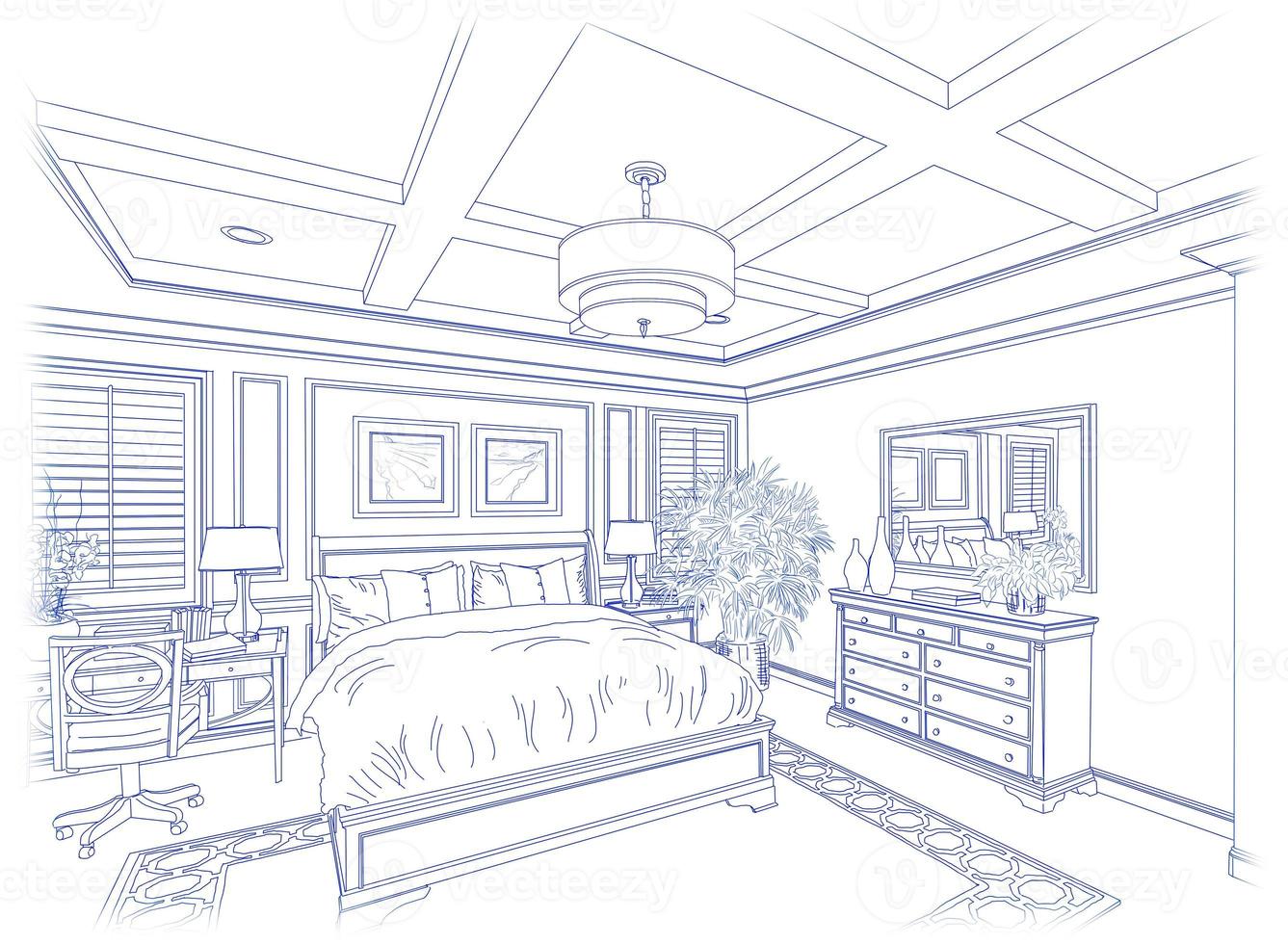 Blue Custom Bedroom Design Drawing on White photo