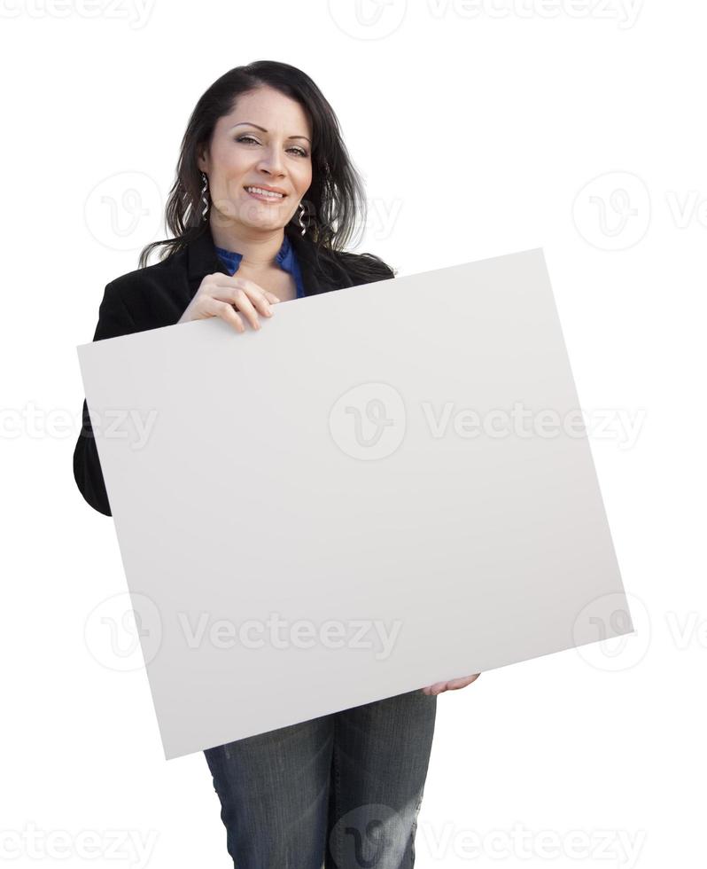 Hispanic Woman Holding Blank Sign On White photo