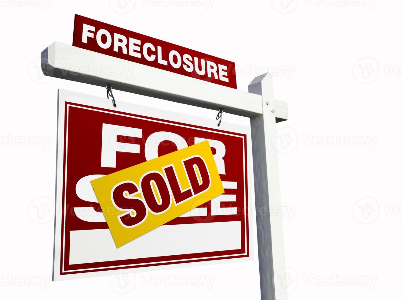Red Sold Foreclosure Real Estate Sign on White photo
