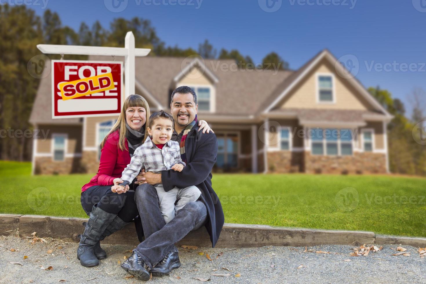 Mixed Race Family, Home, Sold For Sale Real Estate Sign photo