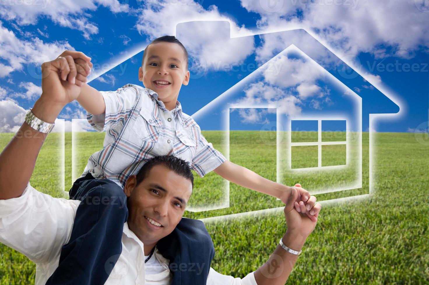 Father and Son Over Grass Field, Clouds, Sky and House Icon photo