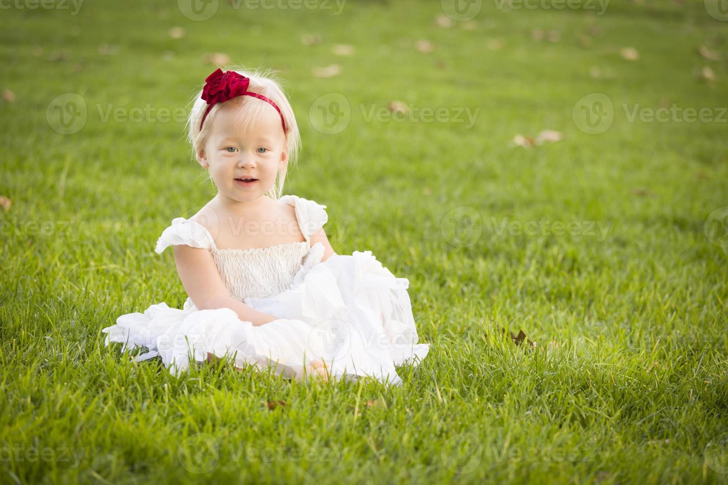 Adorable Little Girl Wearing White Dress In A Grass Field photo