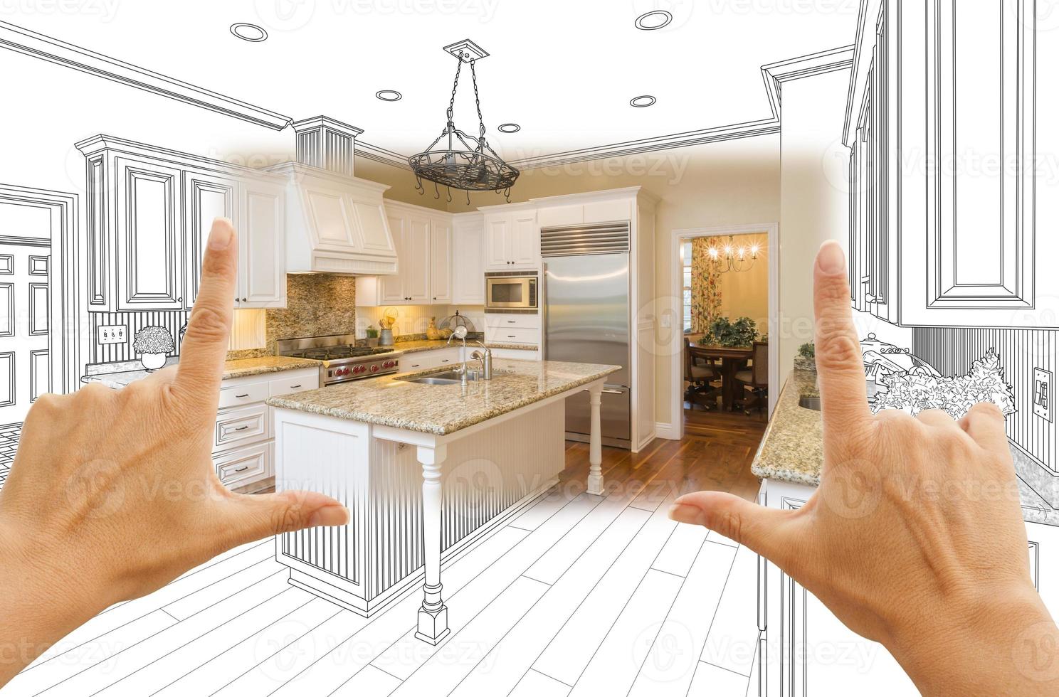 Hands Framing Custom Kitchen Design Drawing and Square Photo Combination