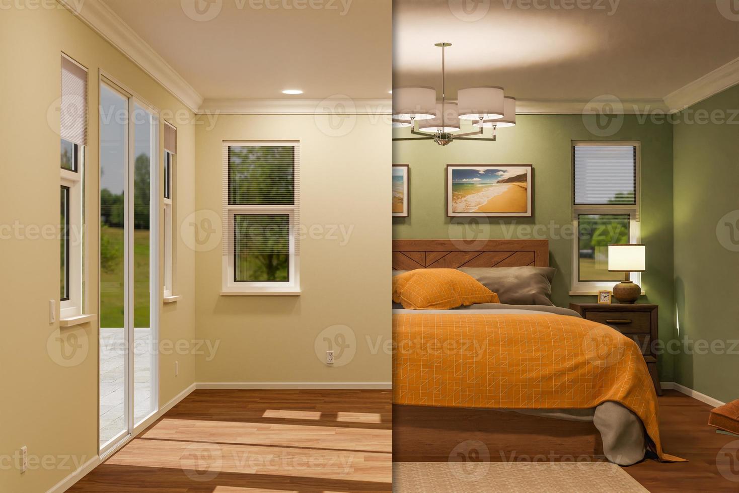 3D Illustration Side By Side Before and After of Empty Room and Fully Furnished Room. photo