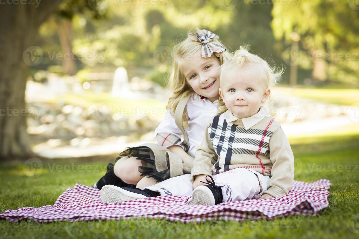 Sweet Little Girl with Her Baby Brother at the Park photo