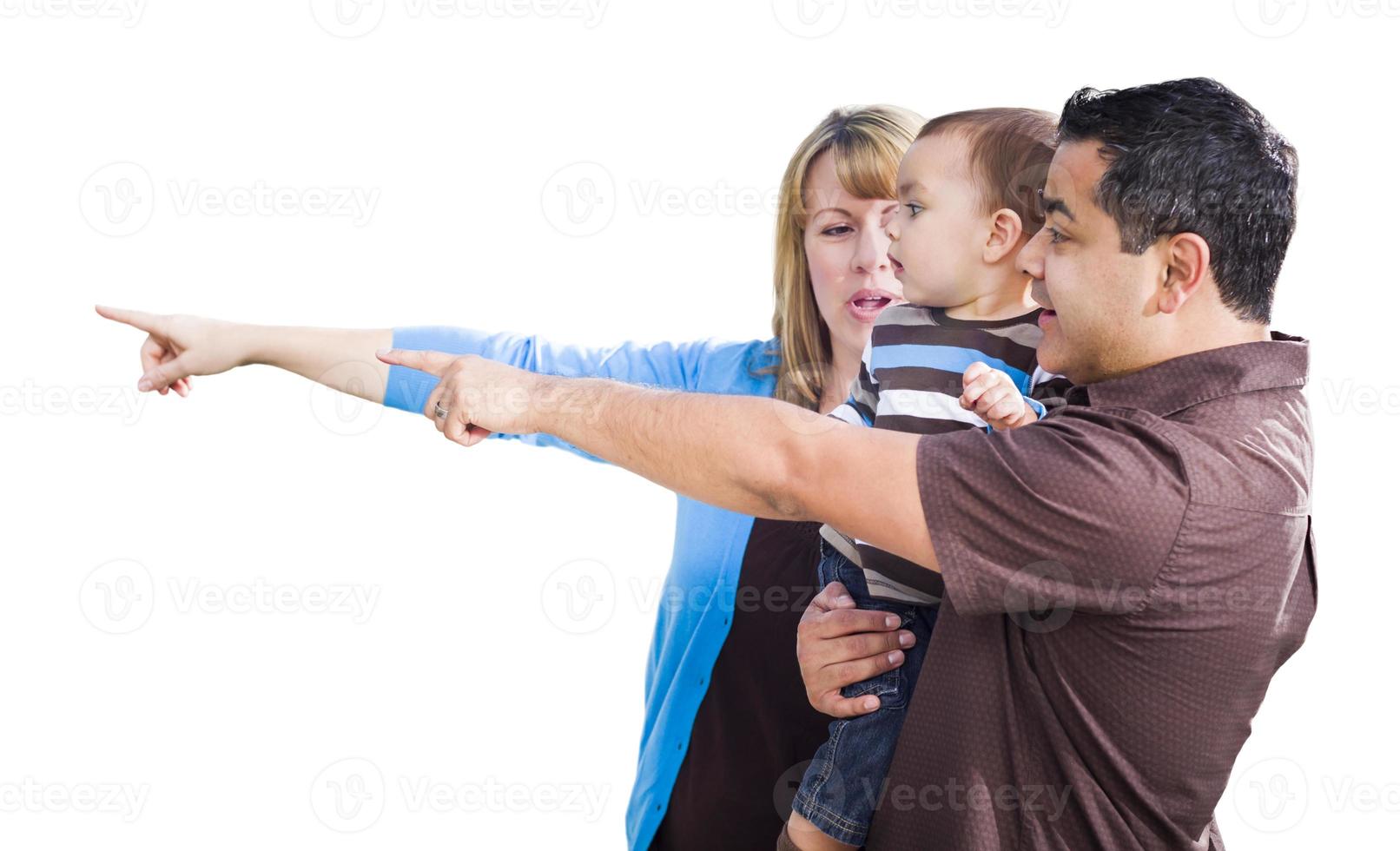 Mixed Race Couple Pointing With Son on White photo