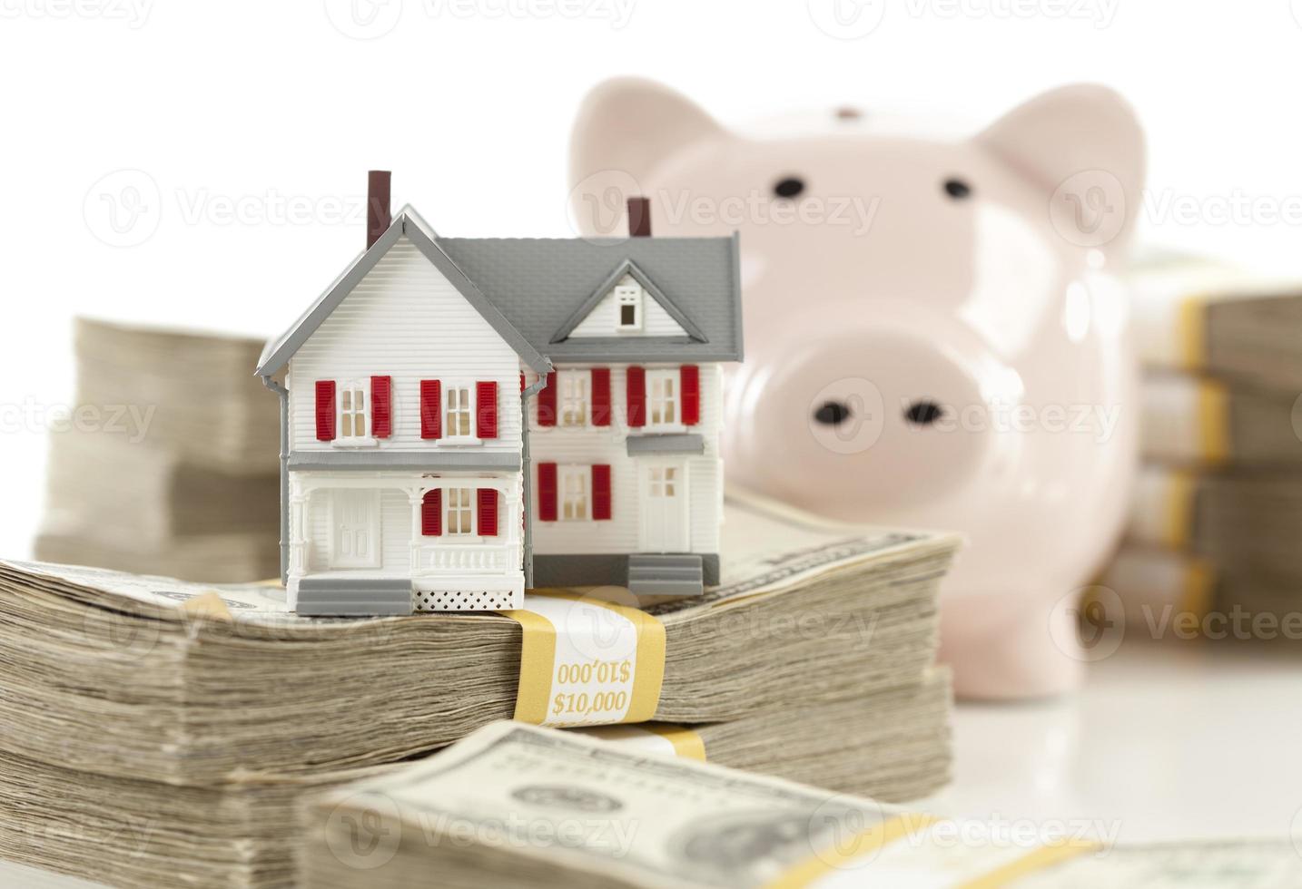 Small House and Piggy Bank with Stacks Money photo