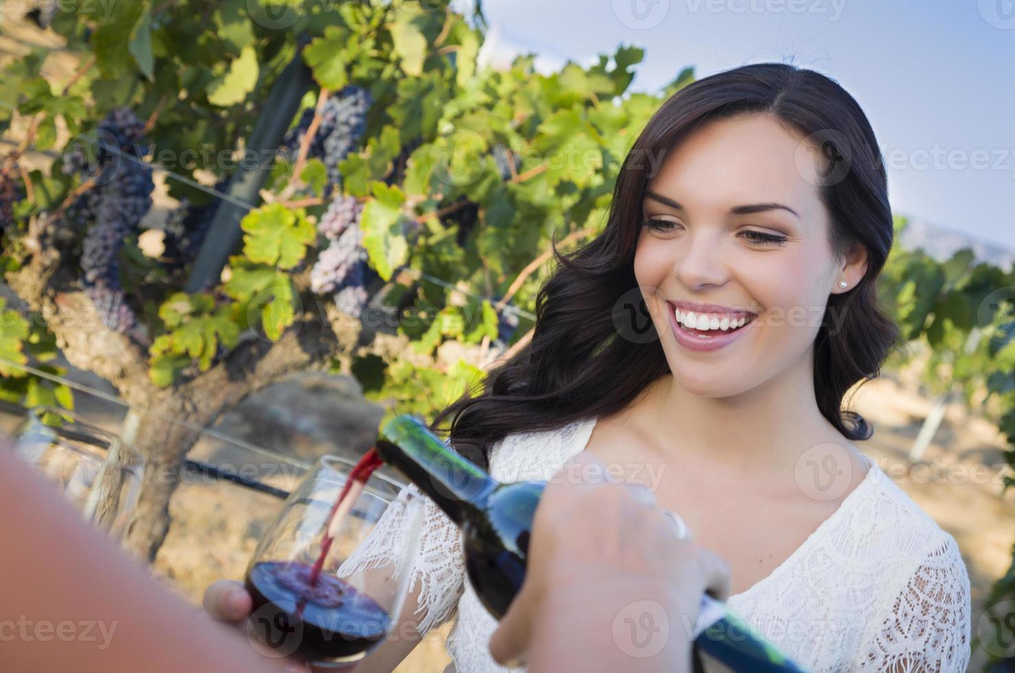 mujer joven disfrutando de una copa de vino en un viñedo con amigos foto