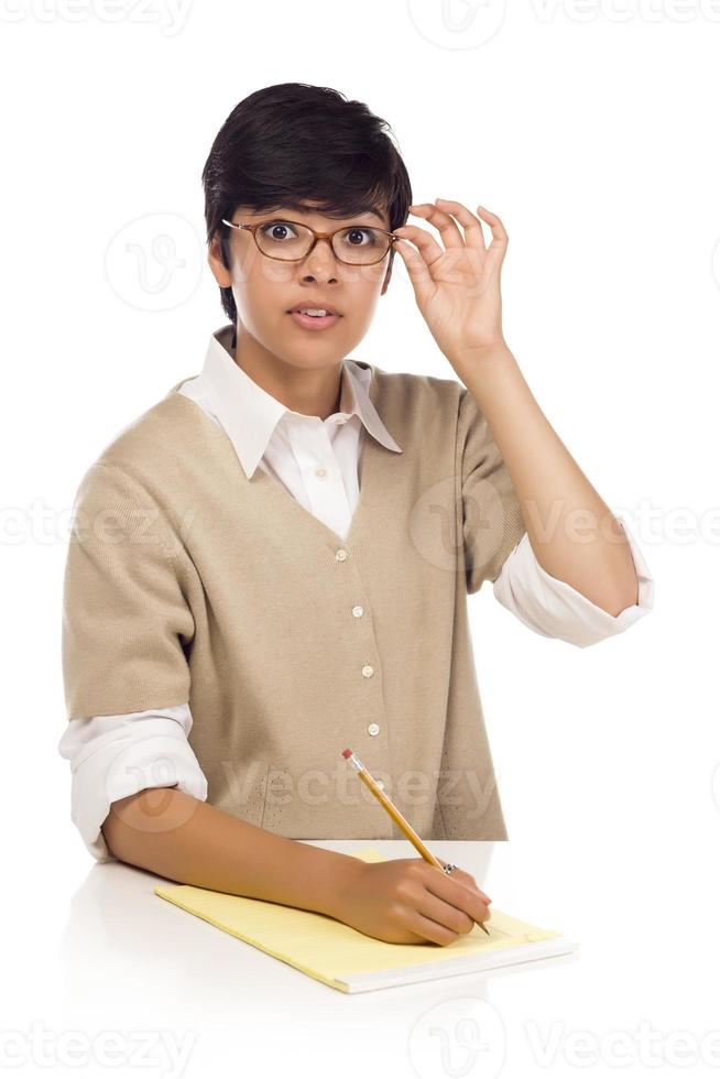 Pretty Mixed Race Young Adult Female Student at Table photo