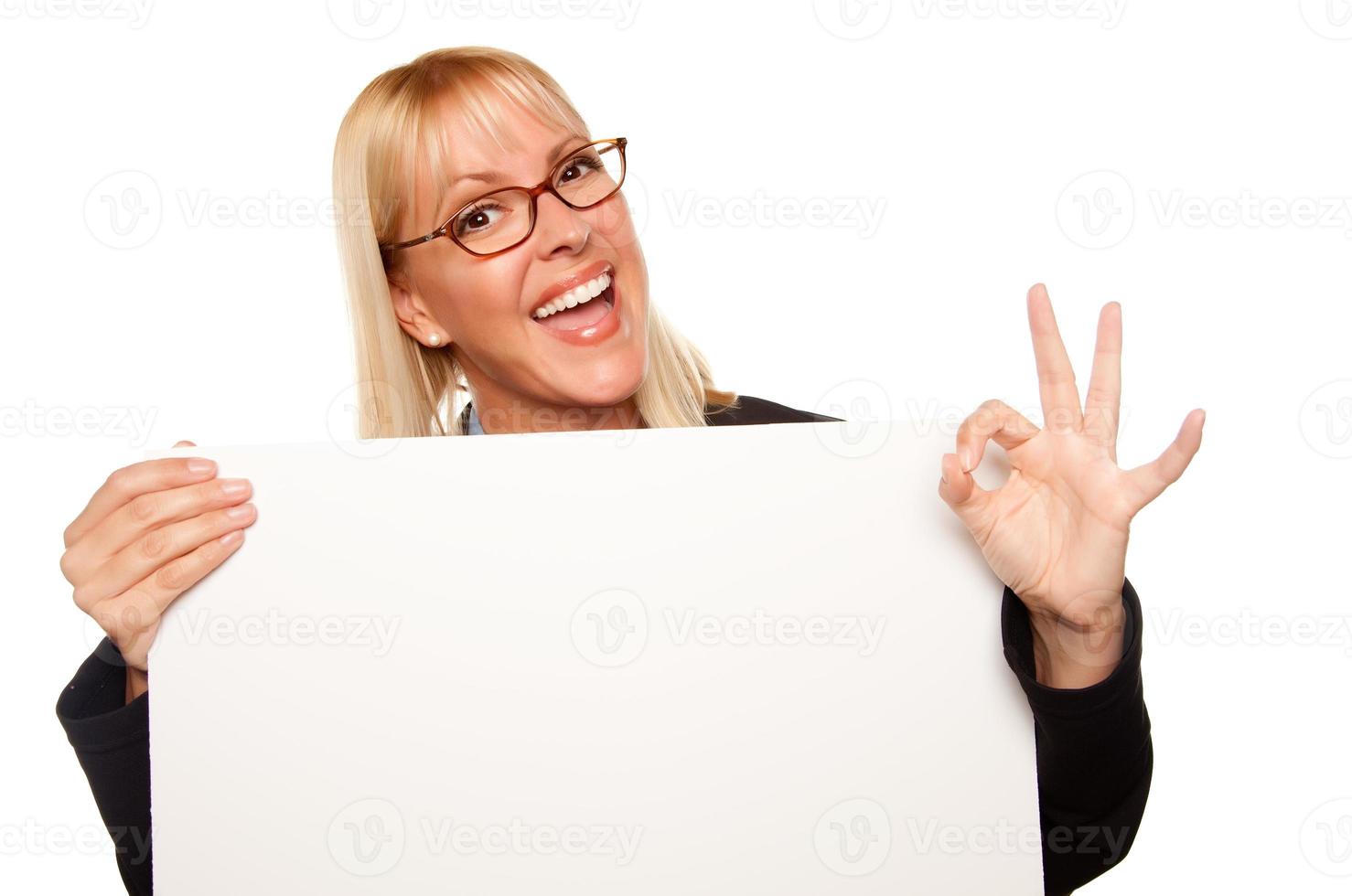 Attractive Blonde with Okay Hand Gesture Holding Blank White Sign photo