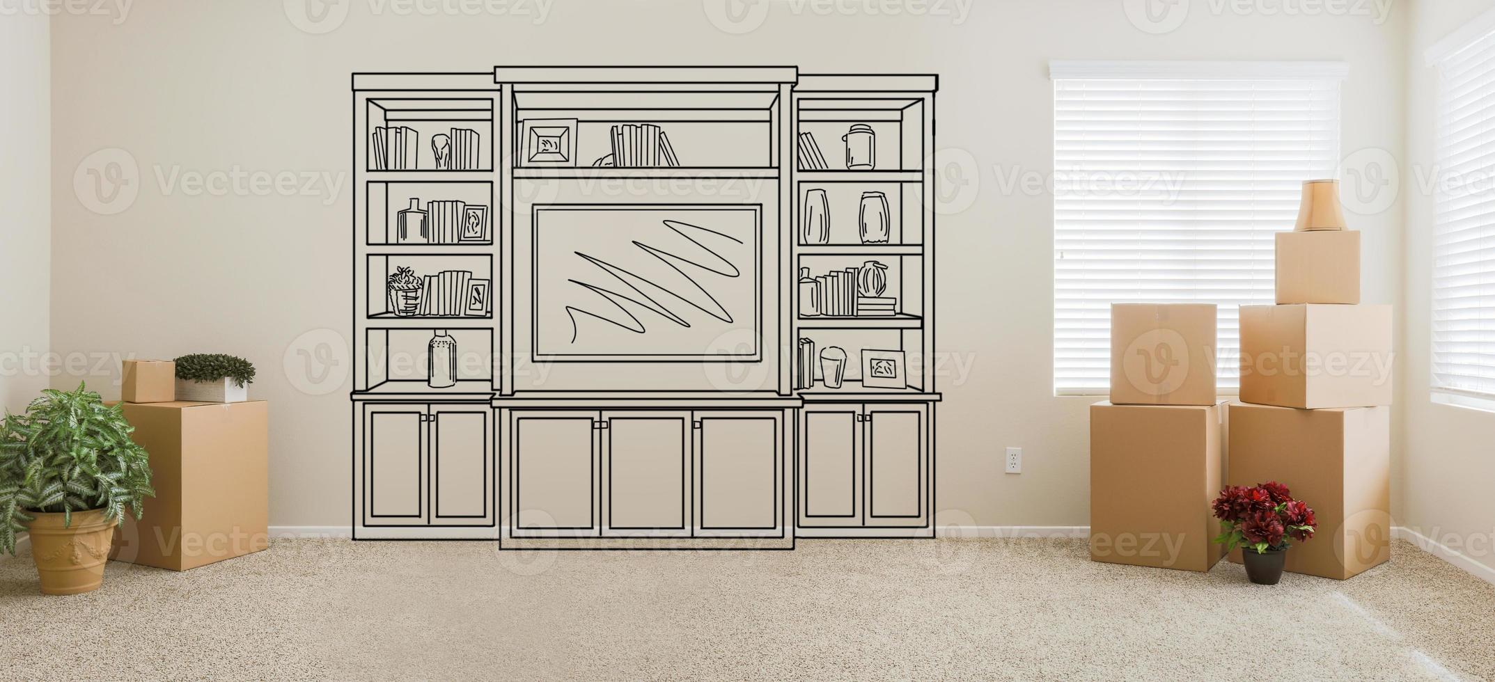 Empty Room With Moving Boxes and Entertainment Unit Drawing On Wall photo