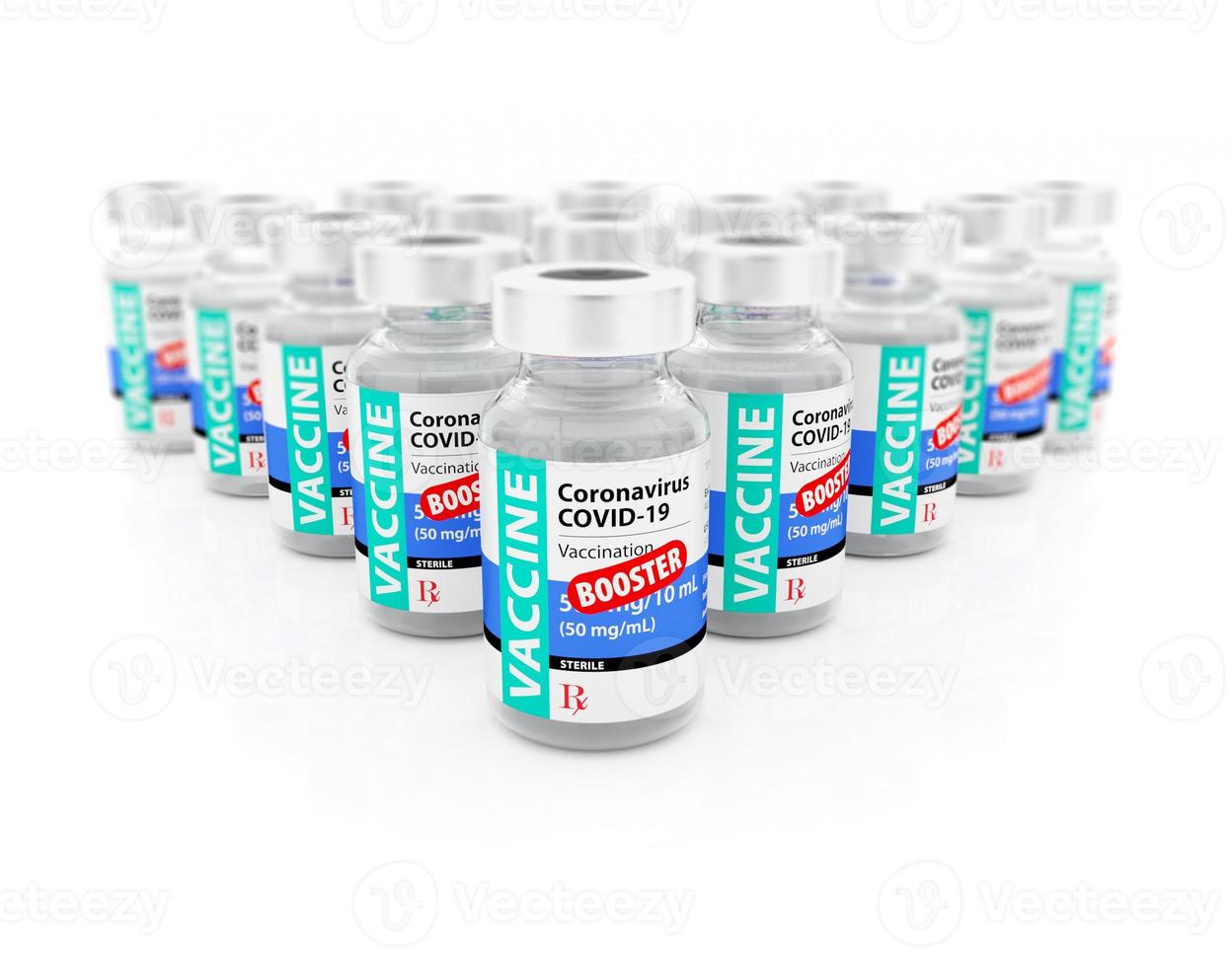 3D Illustration of Coronavirus COVID-19 Vaccine Booster Vials on White Background. photo