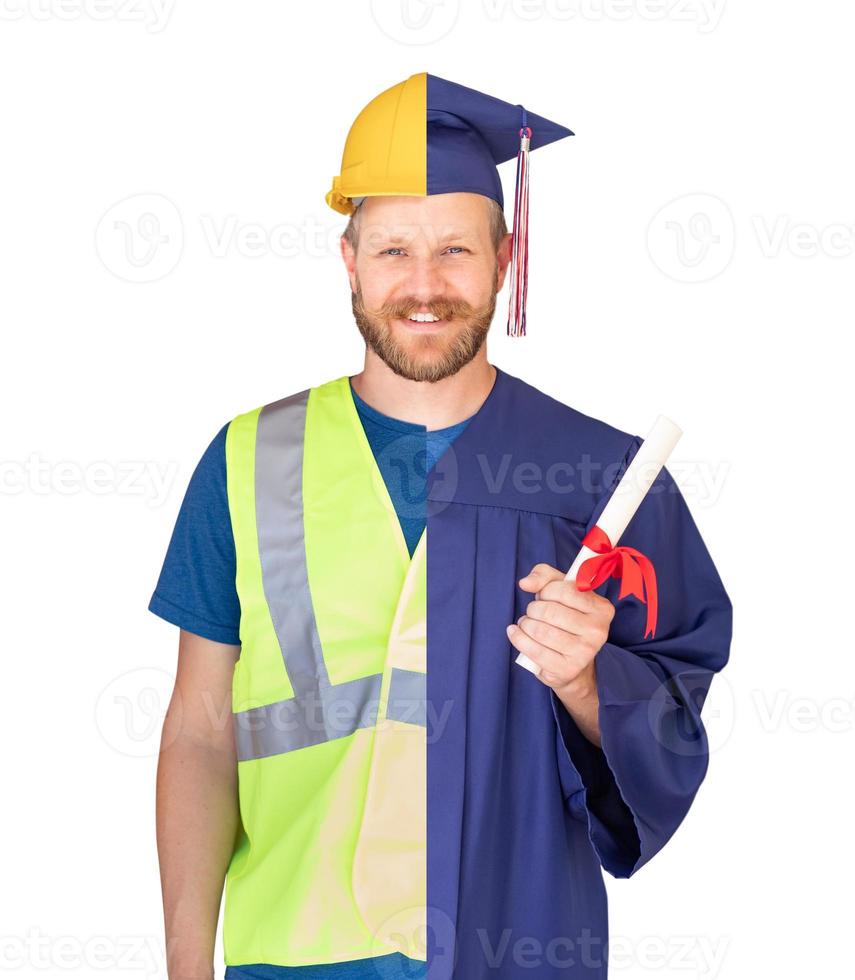 Split Screen Male Graduate In Cap and Gown to Engineer in Hard Hat Concept photo