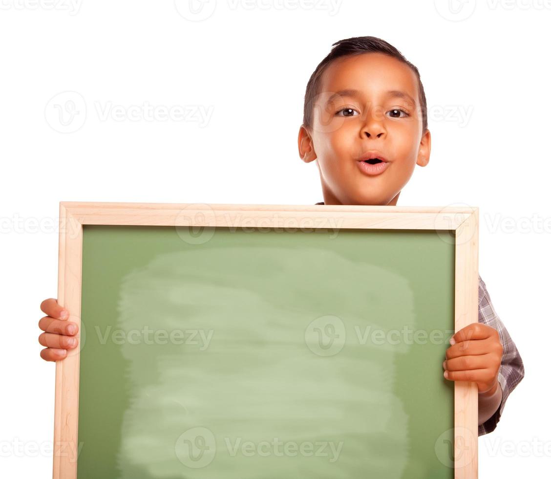 Cute Hispanic Boy Holding Blank Chalkboard photo