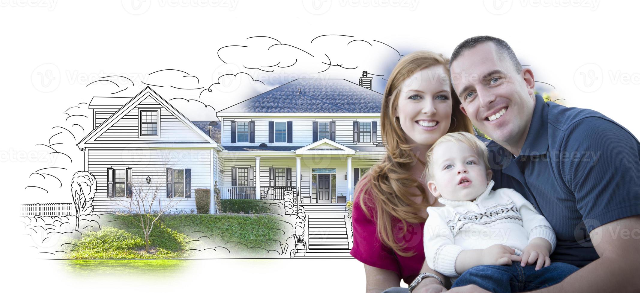 Young Military Family Over House Drawing and Photo