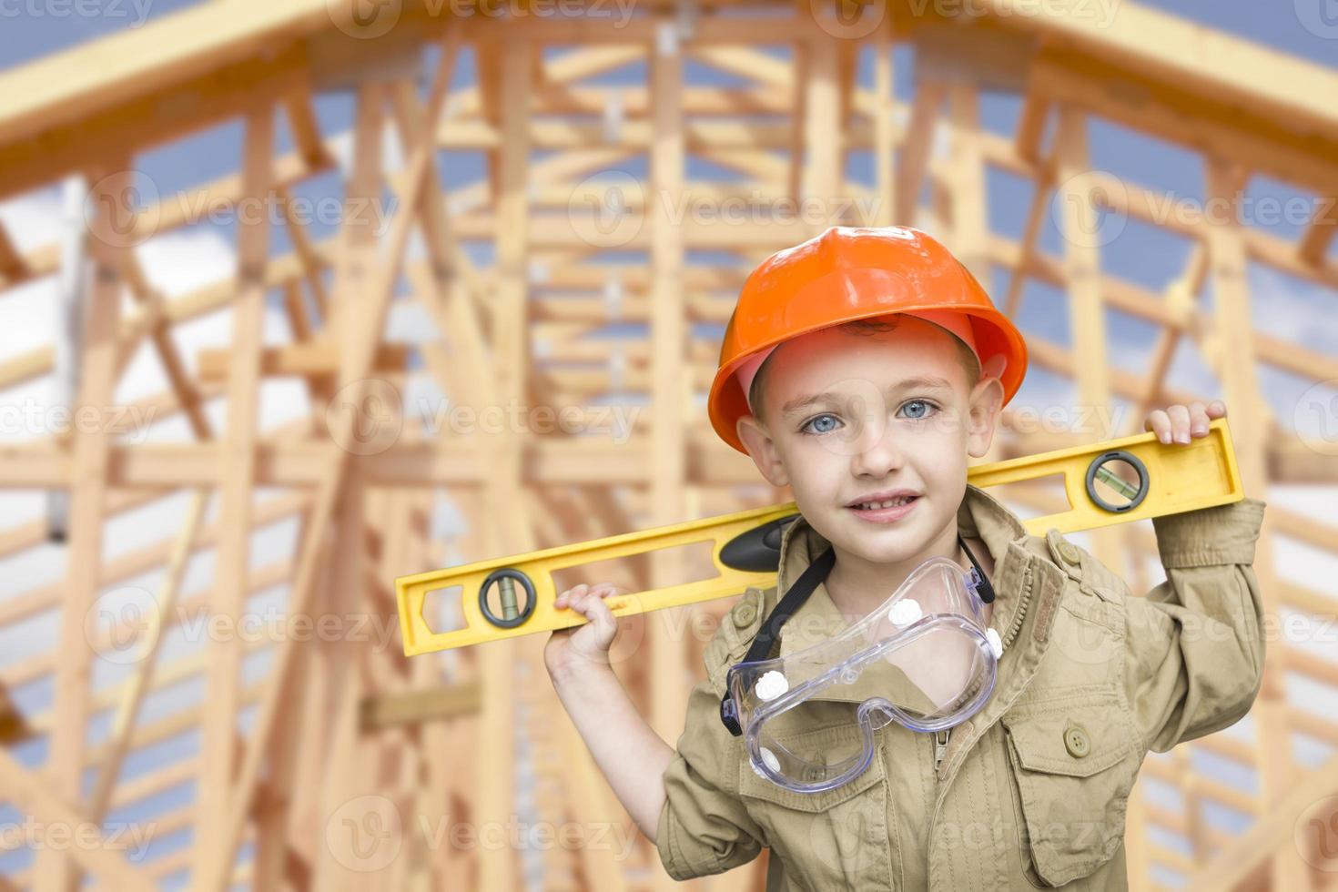 Child Boy Dressed Up as Handyman in Front of House Framing photo