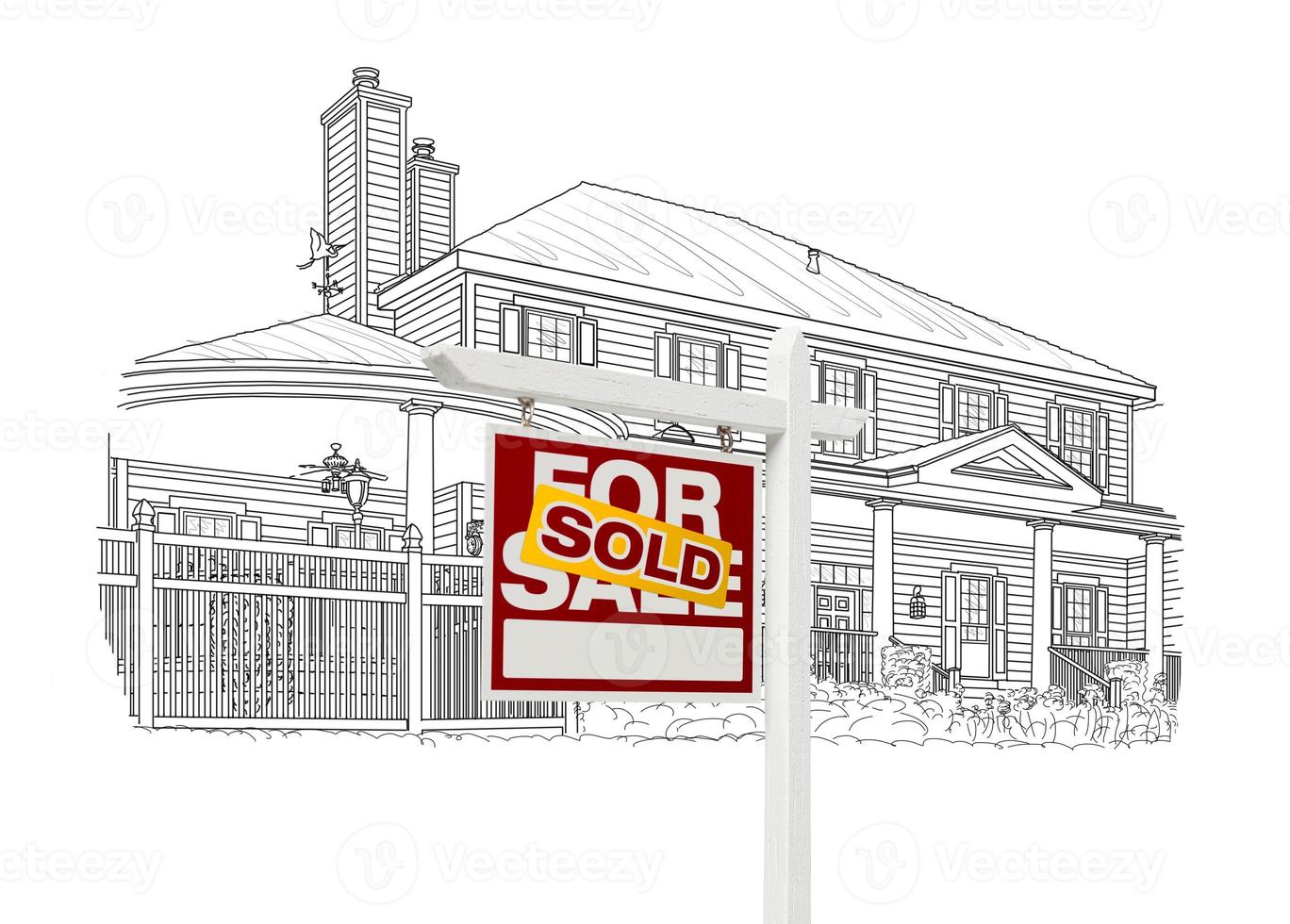 Custom House and Sold Real Estate Sign Drawing on White photo