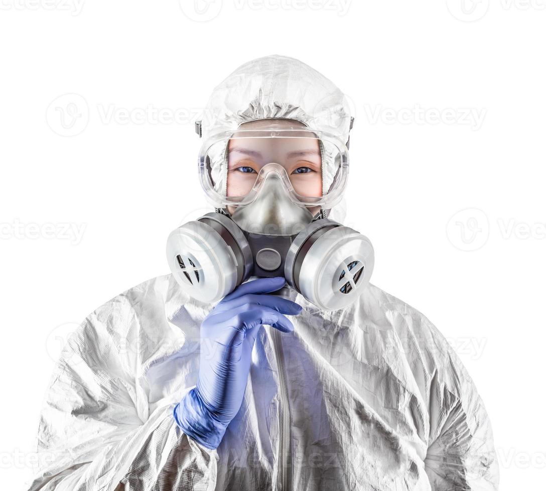 Chinese Woman Wearing Hazmat Suit, Protective Gas Mask and Goggles Isolated On White photo