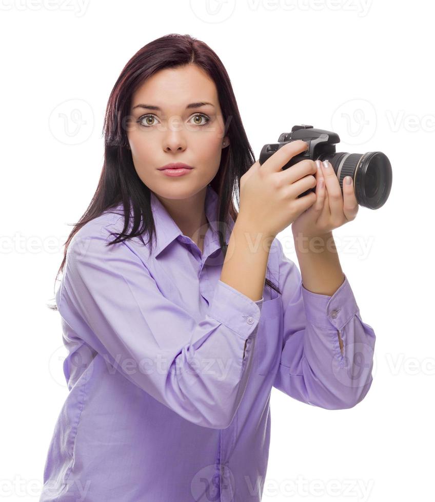 Attractive Mixed Race Young woman With DSLR Camera on White photo