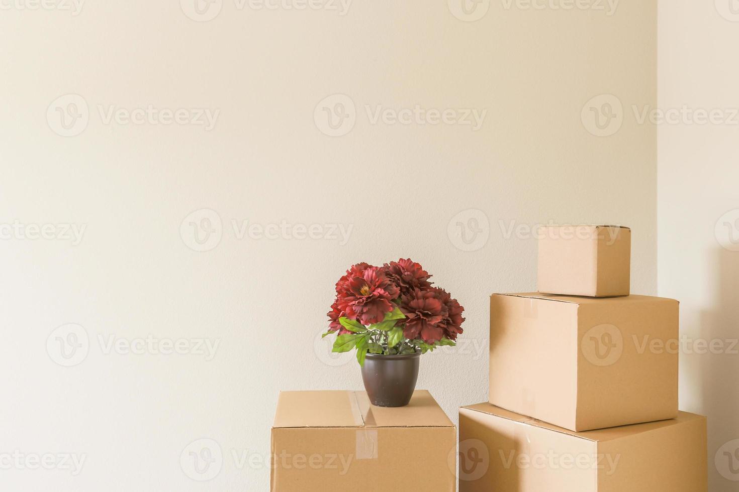 Variety of Packed Moving Boxes In Empty Room photo